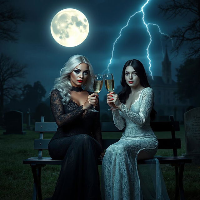 A stunning scene in a cemetery at midnight featuring two very beautiful 18-year-old girls toasting with champagne glasses