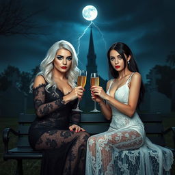 A stunning scene in a cemetery at midnight featuring two very beautiful 18-year-old girls toasting with champagne glasses