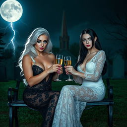 A stunning scene in a cemetery at midnight featuring two very beautiful 18-year-old girls toasting with champagne glasses