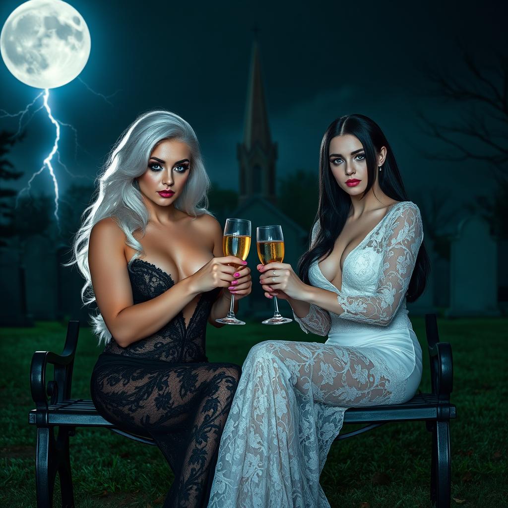 A stunning scene in a cemetery at midnight featuring two very beautiful 18-year-old girls toasting with champagne glasses