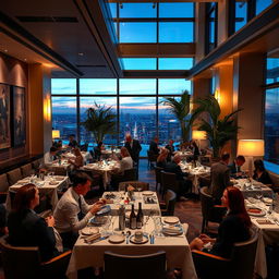 a modern, upscale restaurant interior featuring elegant decor, ambient lighting, and stylish furniture