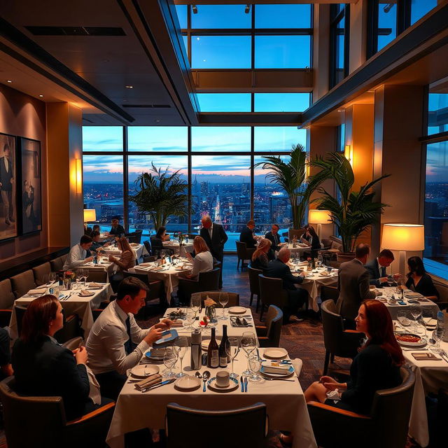 a modern, upscale restaurant interior featuring elegant decor, ambient lighting, and stylish furniture