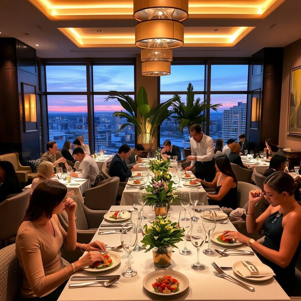 a modern, upscale restaurant interior featuring elegant decor, ambient lighting, and stylish furniture