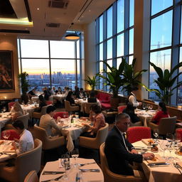 a modern, upscale restaurant interior featuring elegant decor, ambient lighting, and stylish furniture