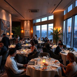 a modern, upscale restaurant interior featuring elegant decor, ambient lighting, and stylish furniture