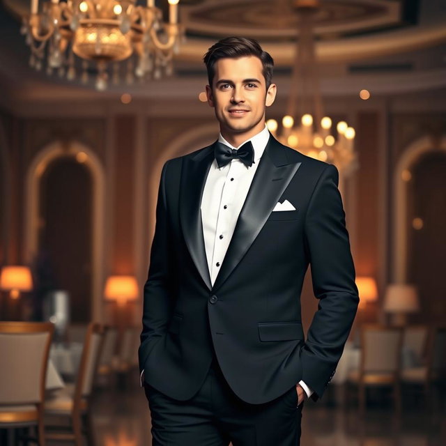A stylish man in a formal suit standing confidently in a luxurious setting