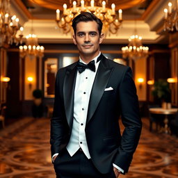 A stylish man in a formal suit standing confidently in a luxurious setting