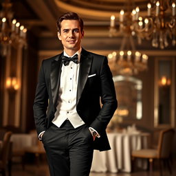 A stylish man in a formal suit standing confidently in a luxurious setting