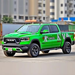 A Ram 1500 2025 pickup truck customized for the KVA gang, featuring a vibrant green color that stands out
