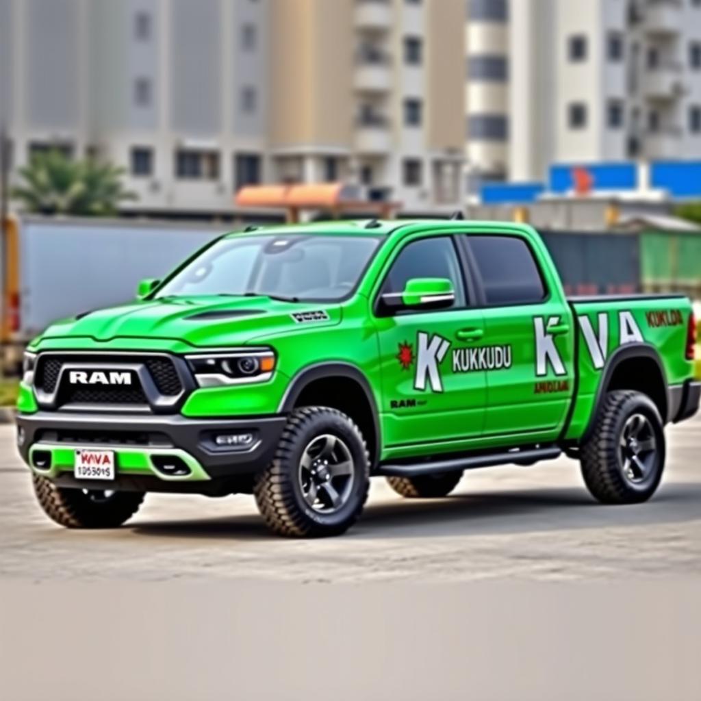 A Ram 1500 2025 pickup truck customized for the KVA gang, featuring a vibrant green color that stands out