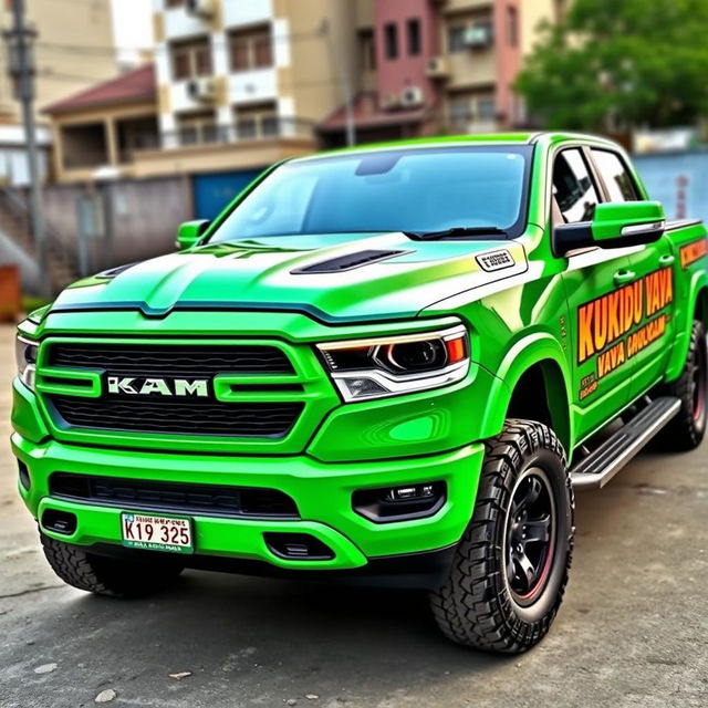 A Ram 1500 2025 pickup truck customized for the KVA gang, featuring a vibrant green color that stands out
