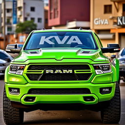A Ram 1500 2025 pickup truck customized for the KVA gang, featuring a vibrant green color that stands out