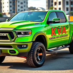 A Ram 1500 2025 pickup truck customized for the KVA gang, featuring a vibrant green color that stands out
