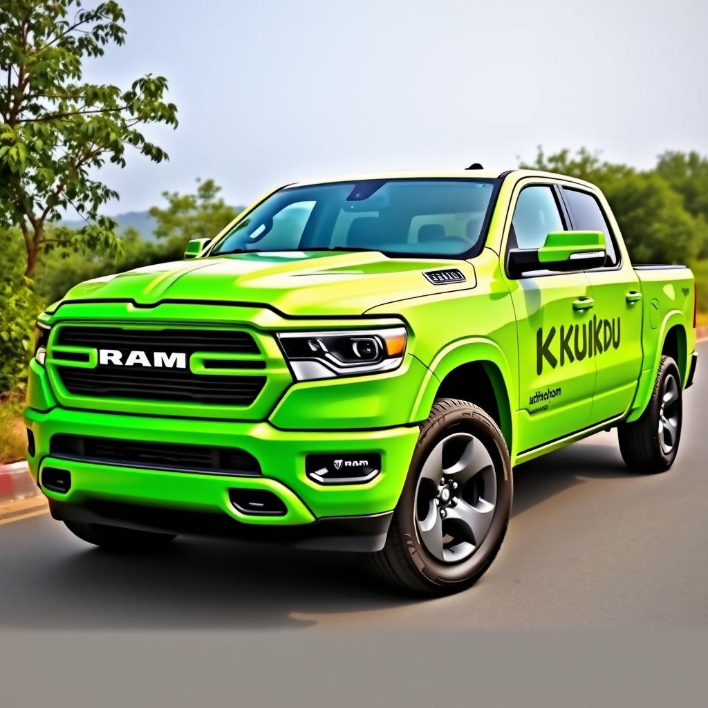 A bright green 2025 Ram 1500 pickup truck, showcasing a modern design
