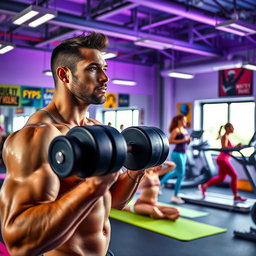 A vibrant fitness scene in a modern gym, showcasing diverse individuals engaged in various exercises