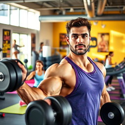 A vibrant fitness scene in a modern gym, showcasing diverse individuals engaged in various exercises