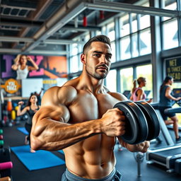 A vibrant fitness scene in a modern gym, showcasing diverse individuals engaged in various exercises
