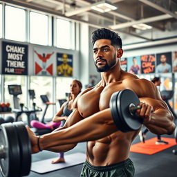 A vibrant fitness scene in a modern gym, showcasing diverse individuals engaged in various exercises
