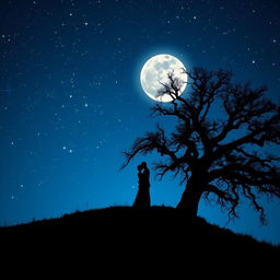 A captivating and romantic image for a folder cover featuring a couple kissing on top of a hill under a starry night sky