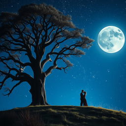 A captivating and romantic image for a folder cover featuring a couple kissing on top of a hill under a starry night sky