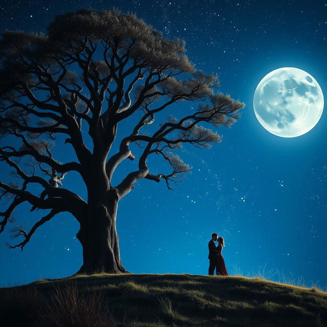 A captivating and romantic image for a folder cover featuring a couple kissing on top of a hill under a starry night sky
