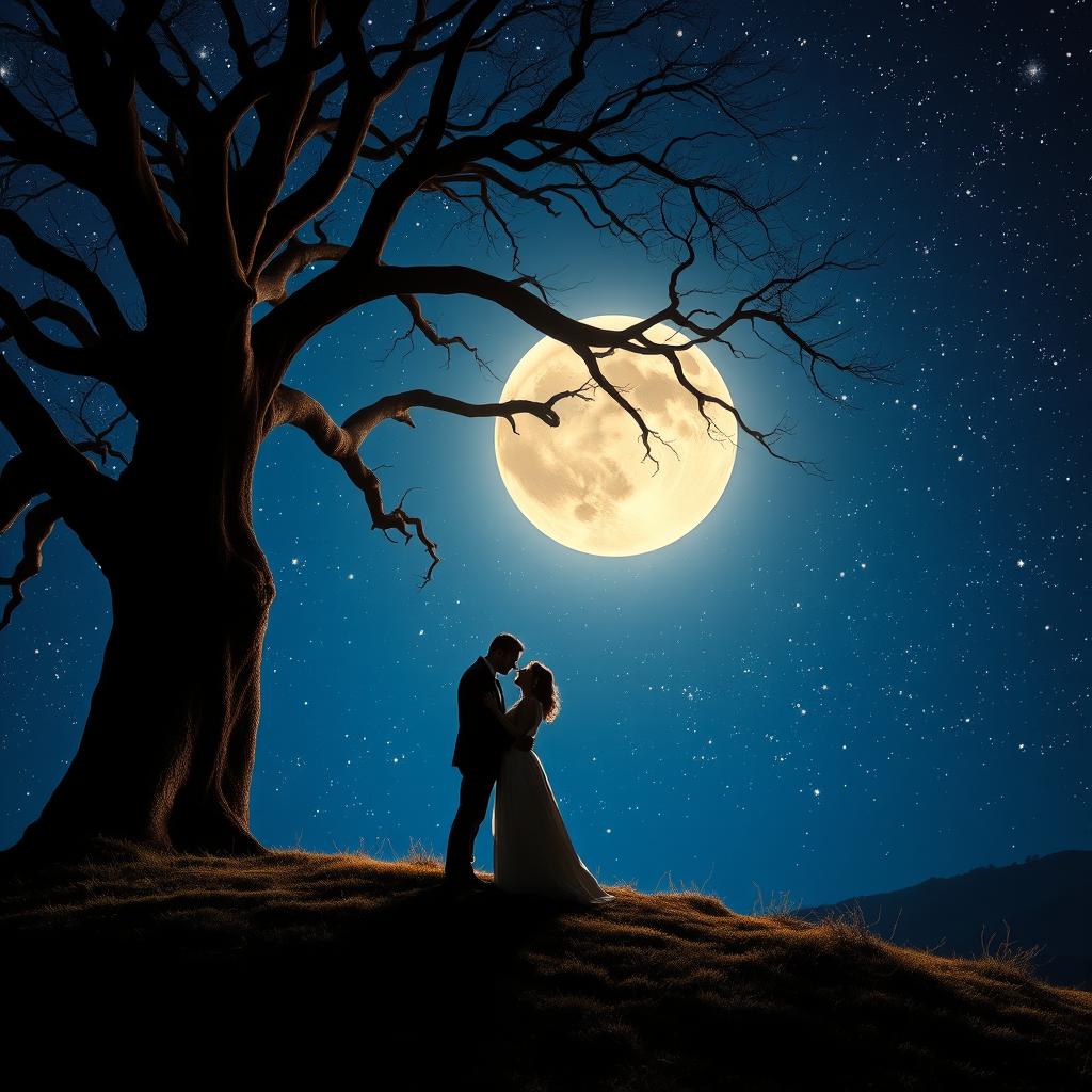 A captivating and romantic image for a folder cover featuring a couple kissing on top of a hill under a starry night sky