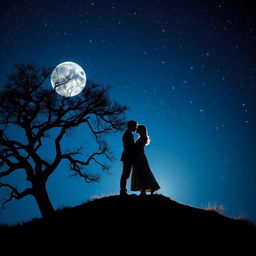 A captivating and romantic image for a folder cover featuring a couple kissing on top of a hill under a starry night sky