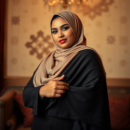 A beautiful Arab BBW woman posing confidently while wearing a stylish hijab