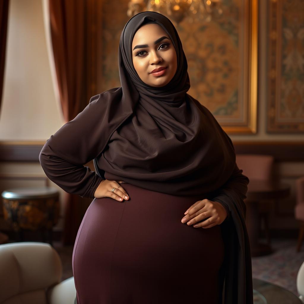 A beautiful Arab BBW woman posing confidently while wearing a stylish hijab