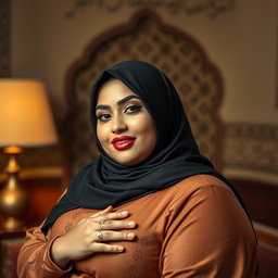 A beautiful Arab BBW woman posing confidently while wearing a stylish hijab