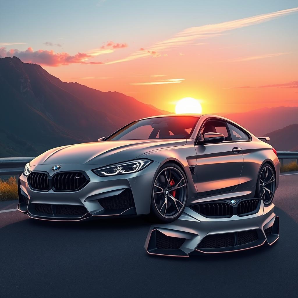 A highly detailed and realistic illustration of a BMW M4 Competition, showcasing its aggressive front design, sleek aerodynamic shape, and signature kidney grille