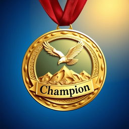 A golden medal design featuring a circular shape, with intricate detailing and embossed edges