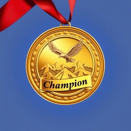 A golden medal design featuring a circular shape, with intricate detailing and embossed edges