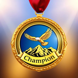 A golden medal design featuring a circular shape, with intricate detailing and embossed edges