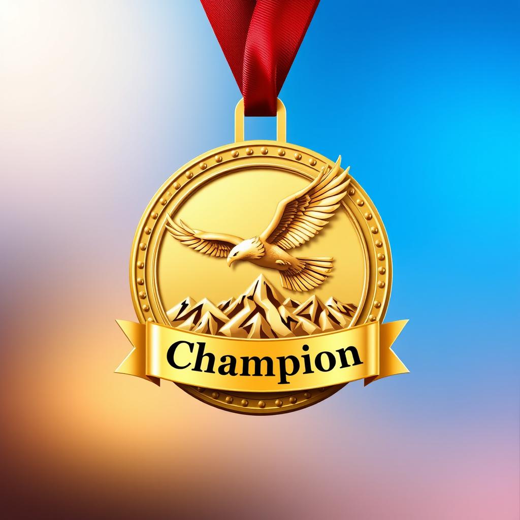 A golden medal design featuring a circular shape, with intricate detailing and embossed edges