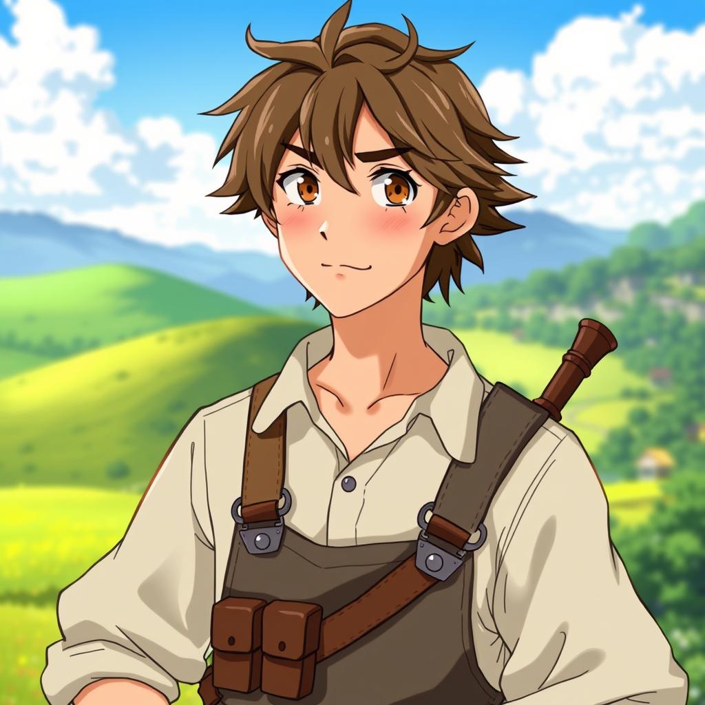 A portrait of a male character inspired by Studio Ghibli, featuring a unique blend of farmer and warrior elements
