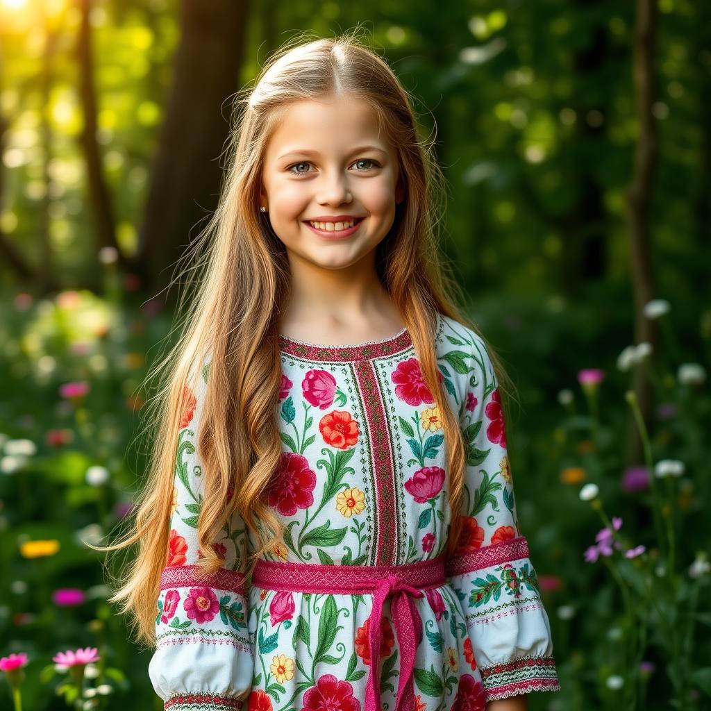A beautiful Slavic girl with long, flowing hair, wearing a traditional floral dress that showcases rich cultural patterns