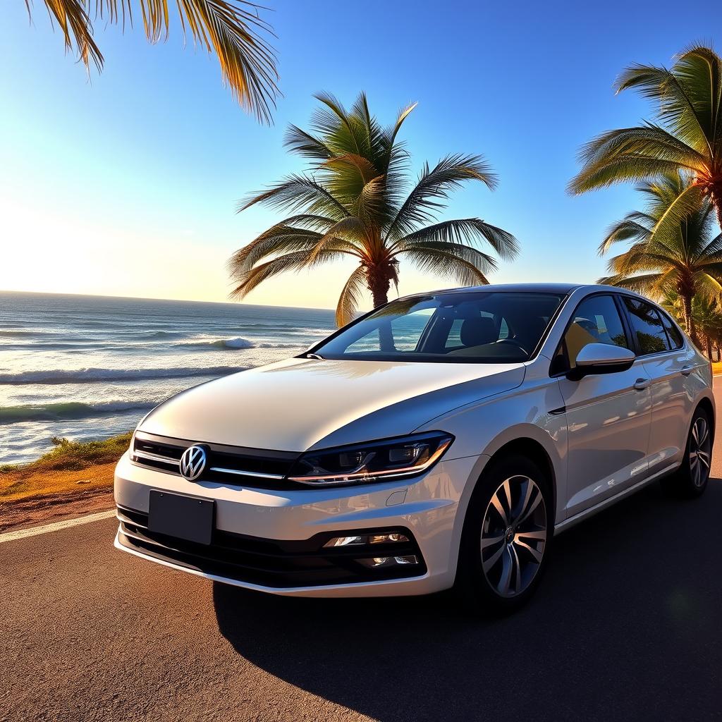 A sleek and stylish Volkswagen car parked on a scenic coastal road during golden hour, with sunlight reflecting off its glossy paint