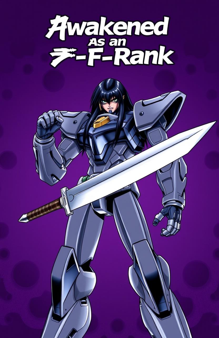 A striking image of a black-haired robot standing with a strong posture, gripping a sleek dagger in its metallic hand