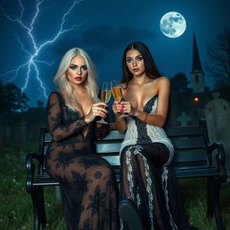 A captivating scene in a cemetery at midnight showcasing two stunning 18-year-old girls toasting with champagne glasses