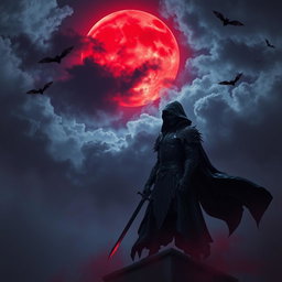 A mystical night scene featuring a large red moon glowing ominously in the sky, surrounded by a swirling mass of dark, fluffy clouds
