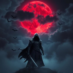 A mystical night scene featuring a large red moon glowing ominously in the sky, surrounded by a swirling mass of dark, fluffy clouds