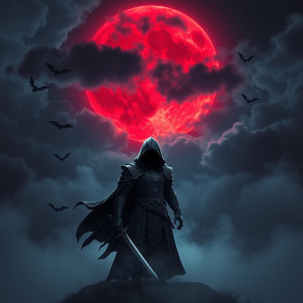 A mystical night scene featuring a large red moon glowing ominously in the sky, surrounded by a swirling mass of dark, fluffy clouds