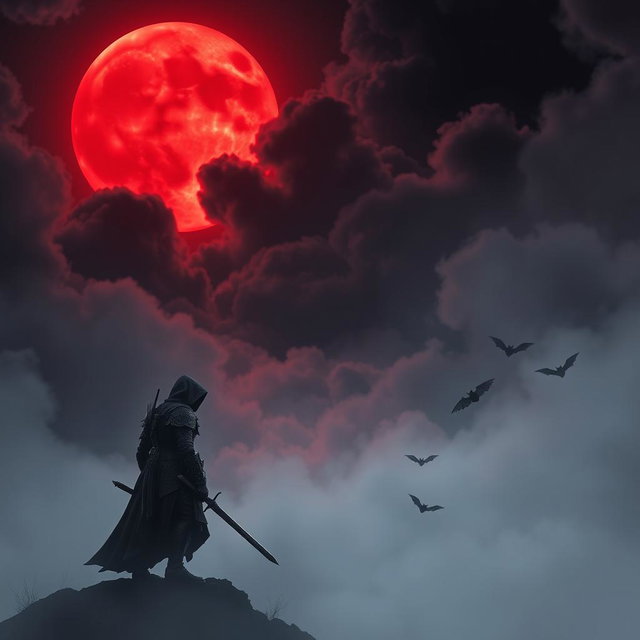 A mystical night scene featuring a large red moon glowing ominously in the sky, surrounded by a swirling mass of dark, fluffy clouds