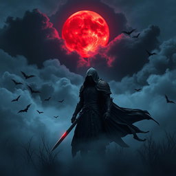 A mystical night scene featuring a large red moon glowing ominously in the sky, surrounded by a swirling mass of dark, fluffy clouds