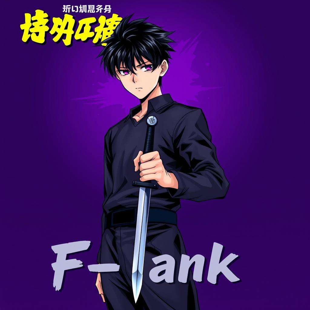 A striking image of a black-haired boy standing confidently, gripping a sleek dagger in his hand