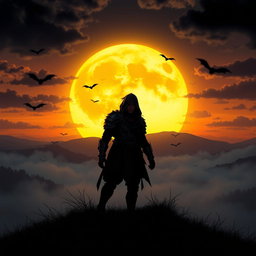 A captivating sunset scene featuring a large yellow moon rising on the horizon, casting a warm golden glow across the landscape