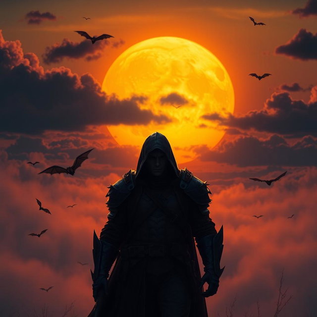 A captivating sunset scene featuring a large yellow moon rising on the horizon, casting a warm golden glow across the landscape