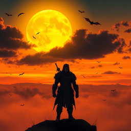 A captivating sunset scene featuring a large yellow moon rising on the horizon, casting a warm golden glow across the landscape