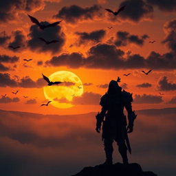 A captivating sunset scene featuring a large yellow moon rising on the horizon, casting a warm golden glow across the landscape